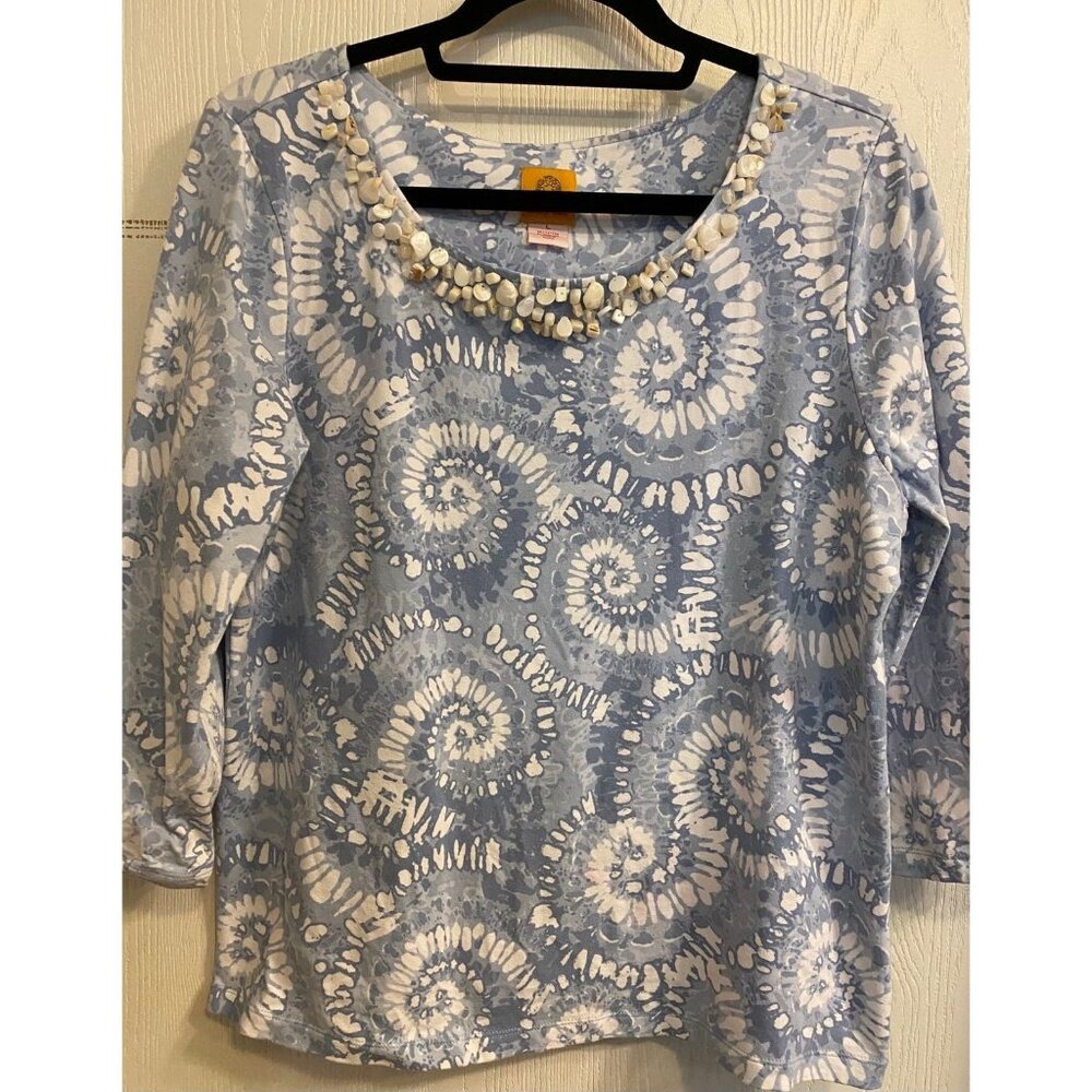 Blue 3/4 sleeve top with design on neck Top